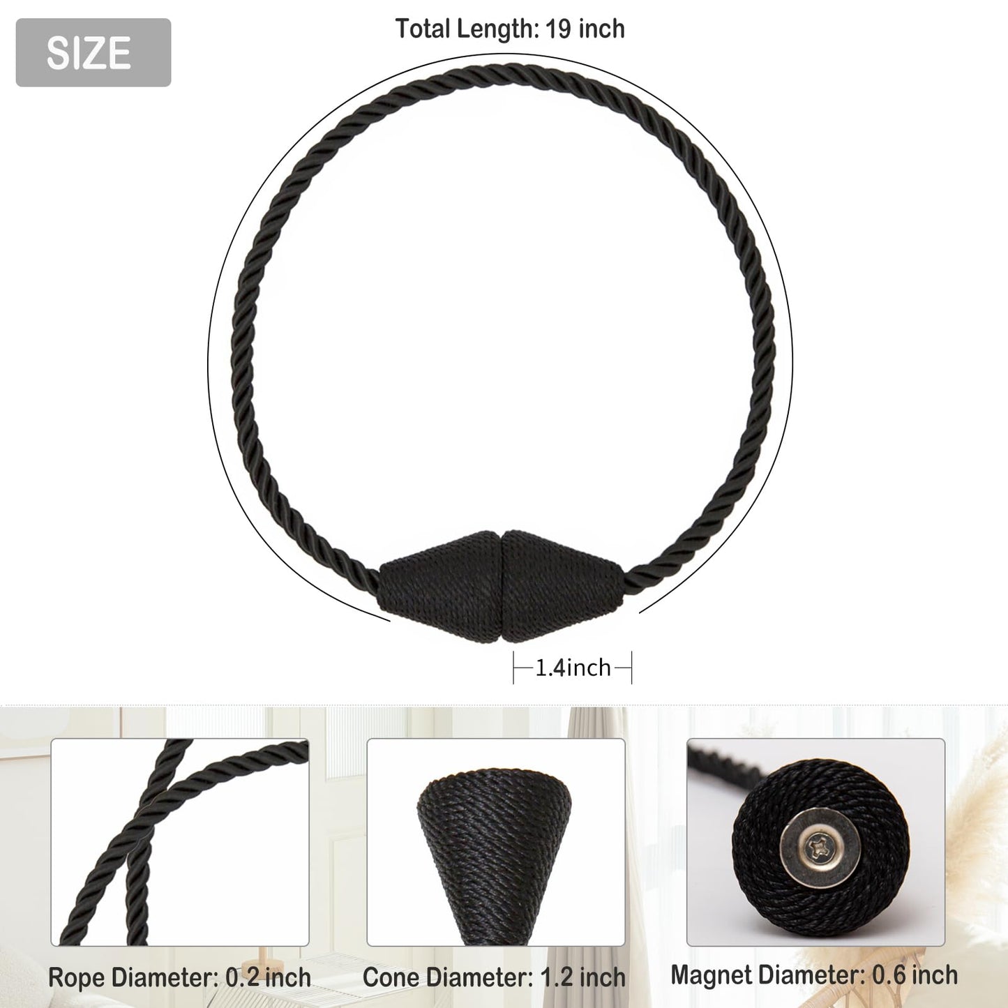 Contoeey Magnetic Curtain Tiebacks 8 Pack Outdoor Rope Curtain Tie Backs Decorative Window Treatment Holdbacks for Home Decorative Curtain, Black