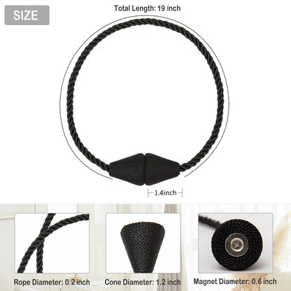 Contoeey Magnetic Curtain Tiebacks 8 Pack Outdoor Rope Curtain Tie Backs Decorative Window Treatment Holdbacks for Home Decorative Curtain, Black