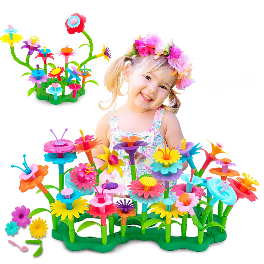 VERTOY Gifts for 3 4 5 6 Year Old Girls, Flower Garden Building Toys Set for Toddlers, STEM Preschool Activities and Gardening Pretend Playset, Stacking Game for Age 3+ Little Kids