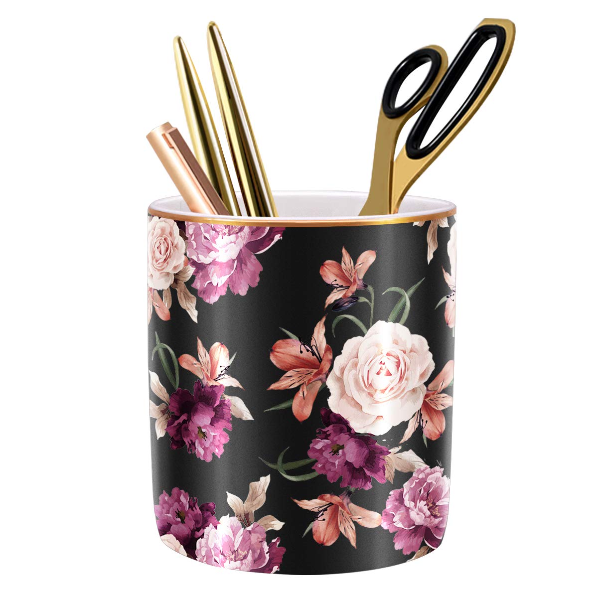 WAVEYU Pen Holder for Desk, Pencil Cup Holder, Cute Floral Makeup Brush Holder Durable Ceramic Flower Design Desk Pencil Organizer for Office, Classroom, Black