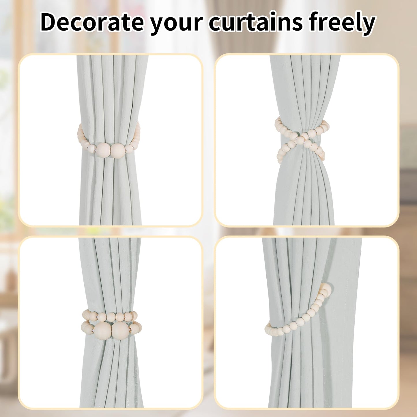 KLOGTSIND Magnetic Curtain Tiebacks, 4 Pack Curtain Holdbacks for Draperies, Wood Bead Curtain Tiebacks, Elegant Curtain Tie Backs for Bedroom Decor, Boho Room Decor, Nursery Decor, Farmhouse Decor