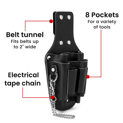 Small Tool Pouch, Genuine Leather Electrician Tool Pouch | 7 Pockets with Metal Tape Chain, Reinforced Rivets, Convenient & Quick Tool Access