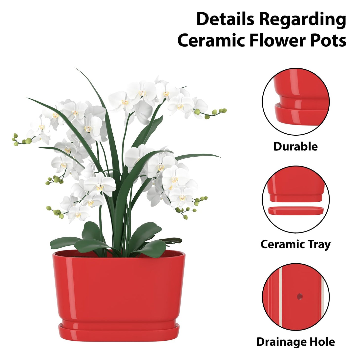 XiHuaer 8.9x4.5x5.3 Inch Ceramic Planter with Drainage Hole and Saucer, Indoor Outdoor Plant Pot for Plants, Red
