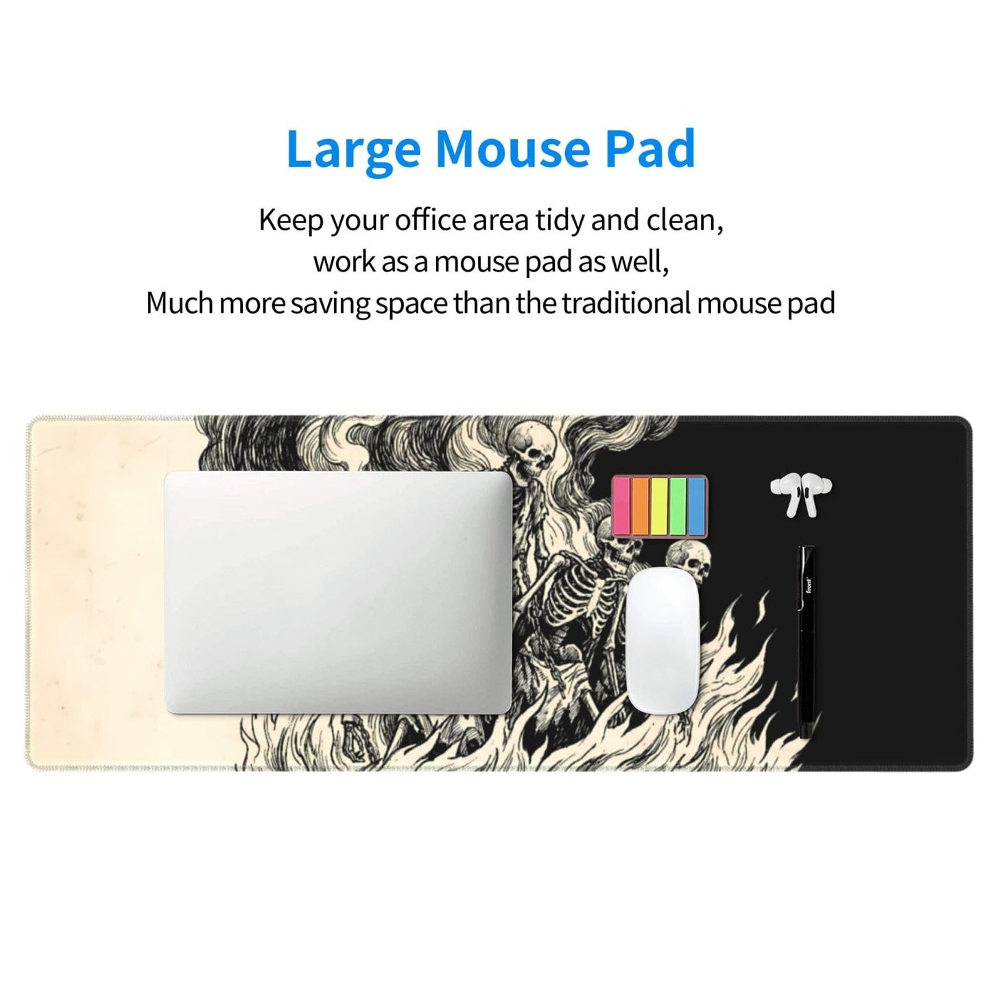 Gaming Mouse Pad Large, Gothic Skeleton Burning in Fire Desk Pad, 31.5x11.8 in Extended Mousepad Non-Slip Rubber Base Waterproof Matte for Office