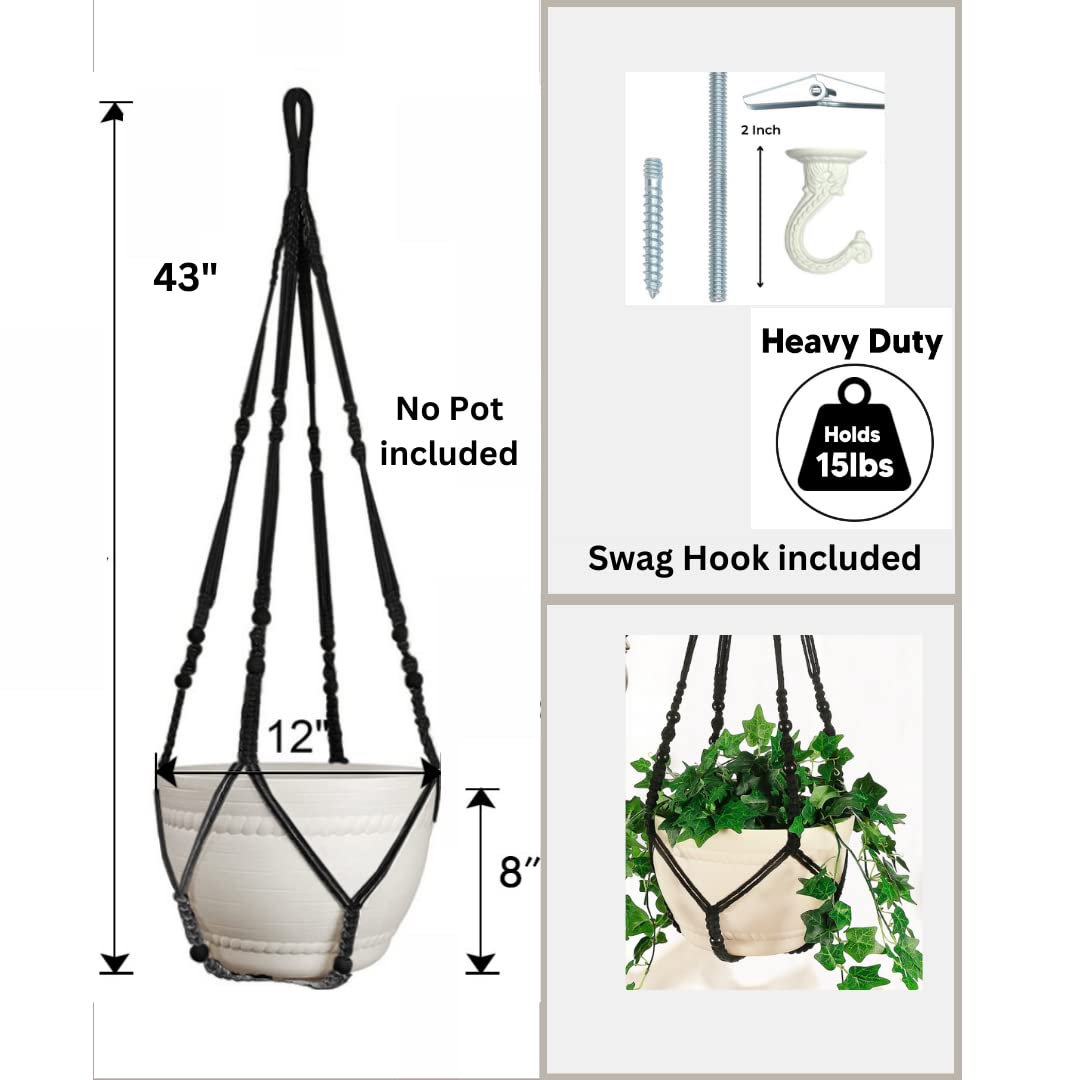 Shineloha 43 Inches Macrame Planter Hanger Large for 12 inch Pot + Swag Hook (Extra Long & Big) | Large Hanging Planter for Indoor Plants | No Tassel, Cotton Rope, NO Pot/Plant Included (Black)(XL)