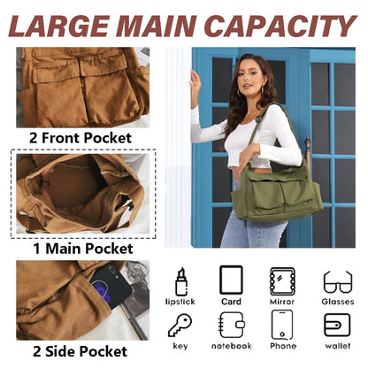 KlaOYer Canvas Messenger Bag Large Hobo Bag Crossbody Shoulder Bag Tote Bag with Pocket for Women and Men (Green)