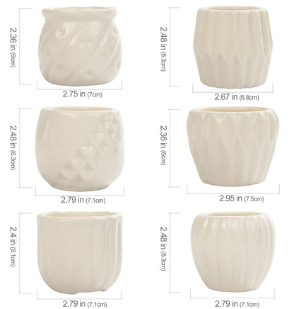 B SEPOR Set of 6 White Simple Porcelain Planters for Small Plant Pots Baby Succulent Cactus with Drainage and Saucer for Home Office Decoration Gift(White Stripes)