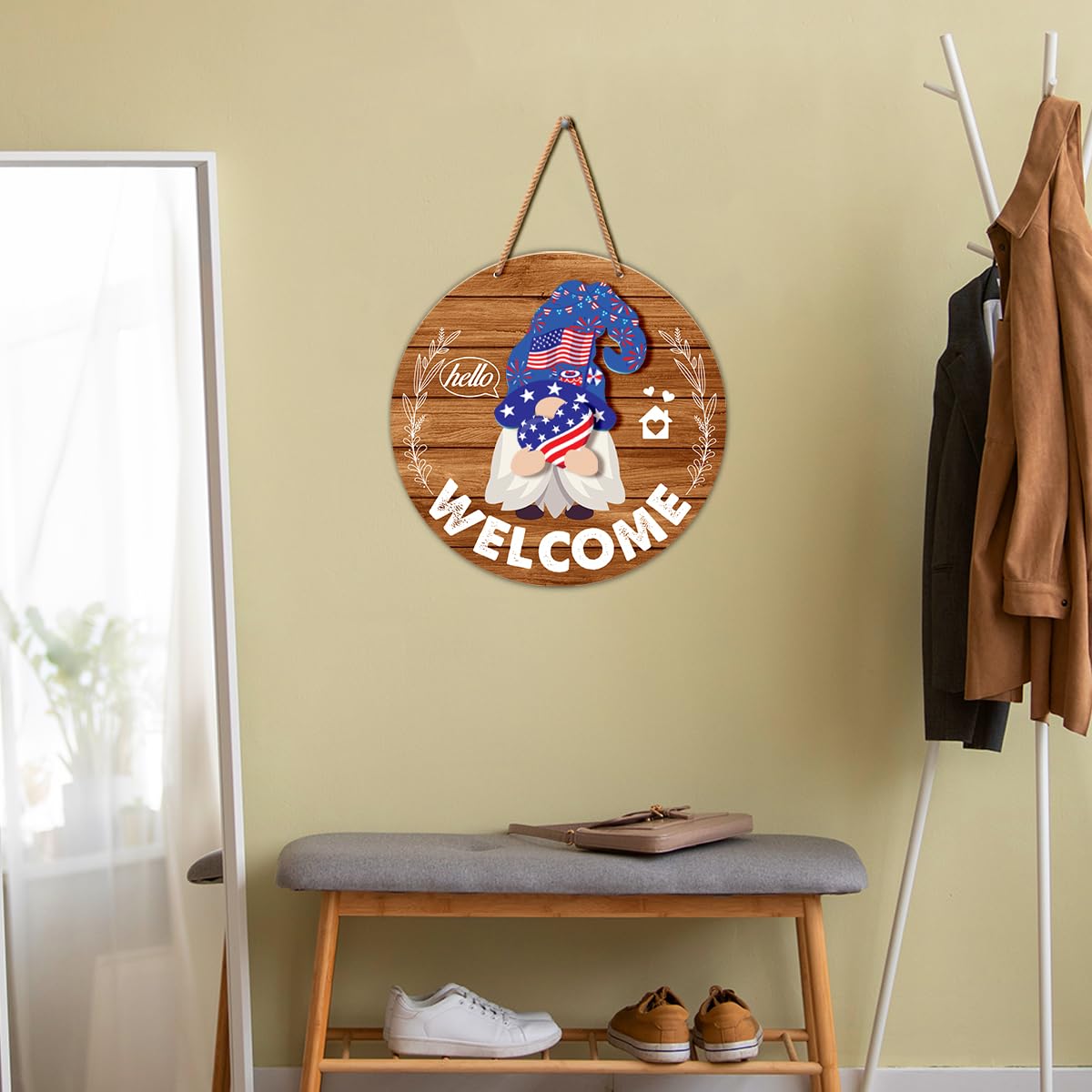 Interchangeable Gnome Welcome Sign Summer Patriotic 4th of July Porch Decor, Changeable Wooden Gnomes Front Door Decoration Wreath Hanger for Spring Fall Winter All Seasons Holiday, Red Brown