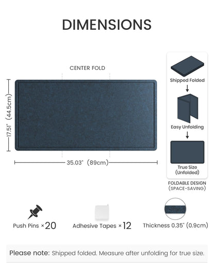 Fluxynara Bulletin Board, 35" x 17.5" Cork Board Alternative with 12 Safe Removable Adhesive Tabs, Foldable Felt Pin Board for Home Office, Classroom, Bedroom,Entryway for Walls—Carbon Blue