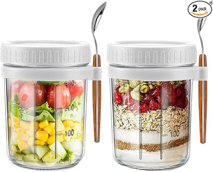 Overnight Oats Containers with lids and spoon Set of 2 Jars 12oz Airtight Container with Measurement Marks, Reusable On The Go Cups for Cereal Yogurt, Milk, Salads, Fruit(White)