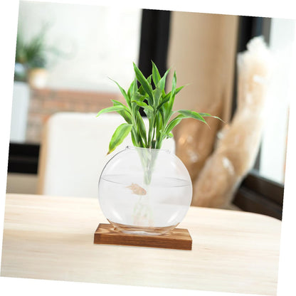 QUMIIRITY 2Pcs Hydroponic Glass Vase with Wooden Base, Plant Propagation Station for Home Office Balcony, Retro Style Plant Terrarium Holders for Indoor Gardening