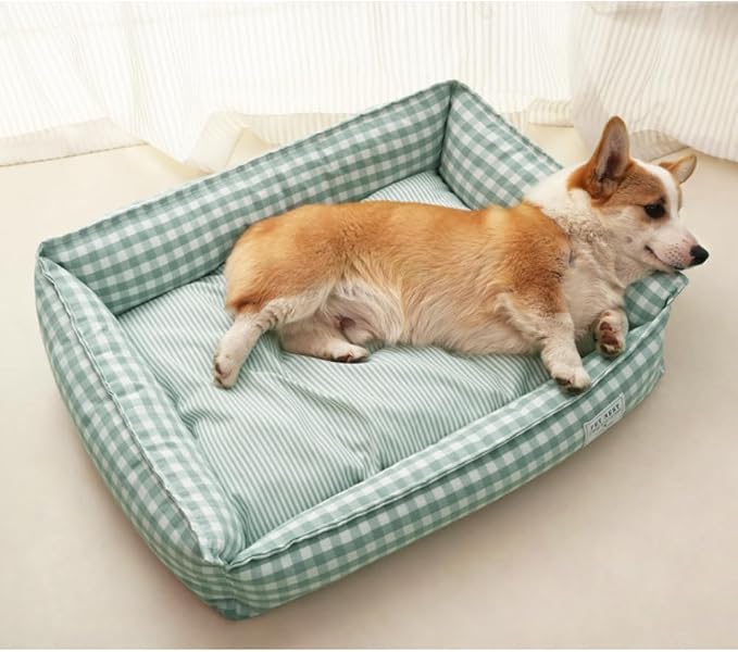 Orthopedic Rectangle Dog Bed for Medium Small Dogs, Plaid Plush Modern Puppy Sofa Bed with Anti-Slip Bottom, Cute Calming Pet Bed(Red,Medium)