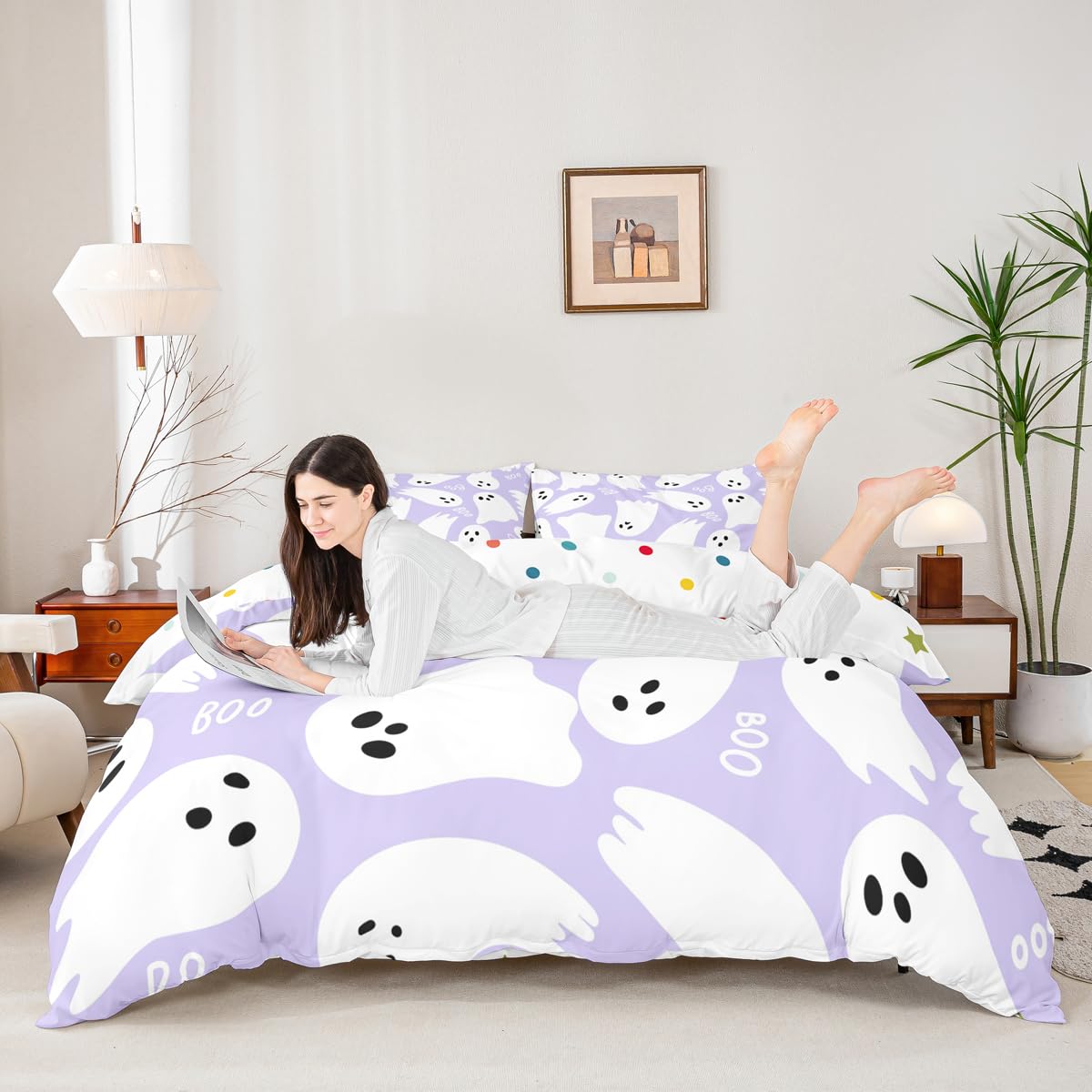 Purple Cartoon Style Duvet Cover Queen Size Halloween Theme Comforter Cover with 2 Pillowcases for Teens Adults Kawaii Ghost Bedding Set 3 Pcs Decorative Bed Cover(No Filler)