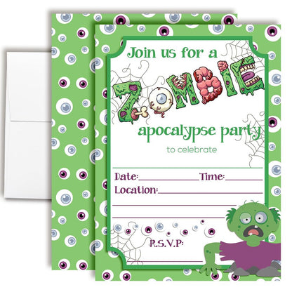 Zombie Apocalypse Halloween Birthday Party Invitations, 20 5x7 Fill In Cards with Twenty White Envelopes by AmandaCreation