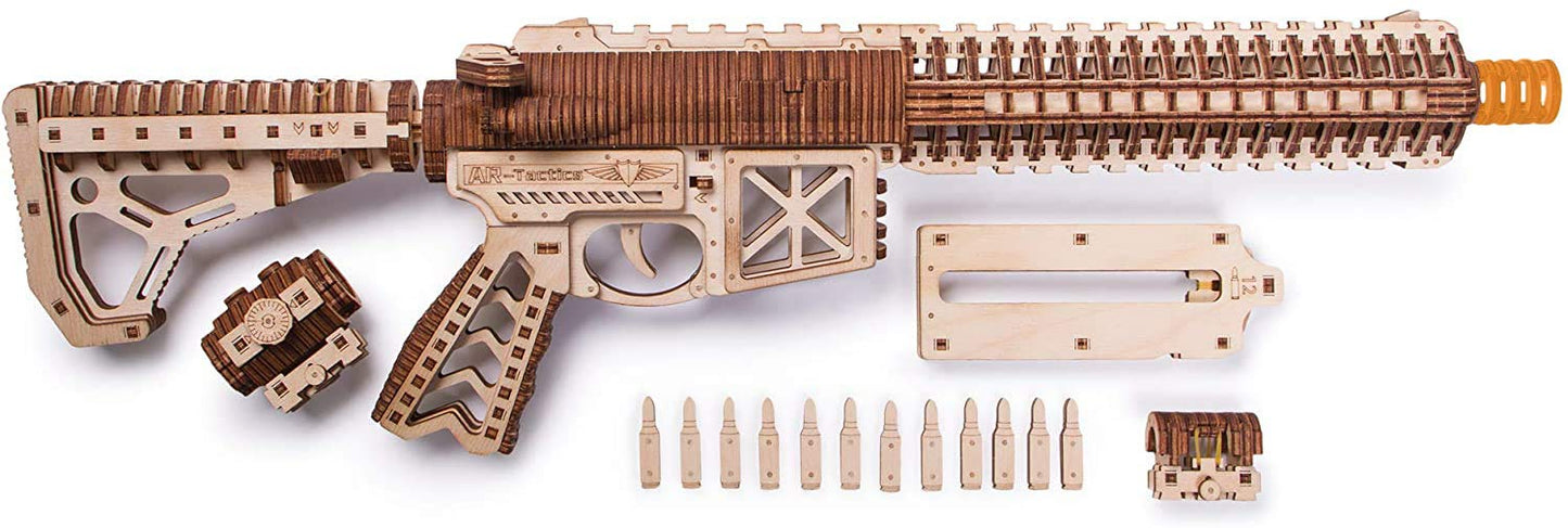 Wood Trick Gun AR-T 3D Wooden Puzzles for Adults - with Telescoping Butt, Fuse, Sight and Clip for 12 Rounds - Detailed Construction - 23x8″ - Model Kit for Adults to Build - 14+