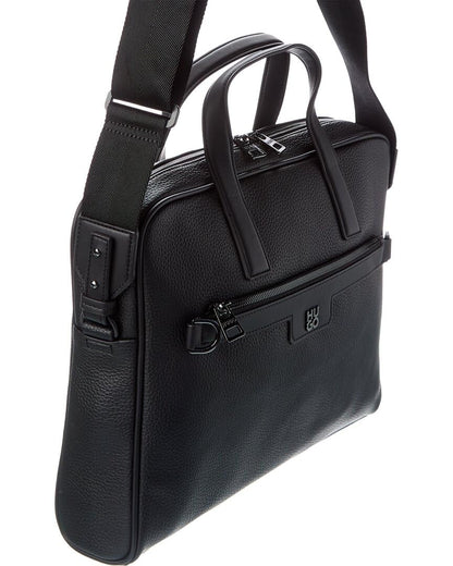 HUGO Stacked Logo Leather Briefcase, Black Currant, PCE.