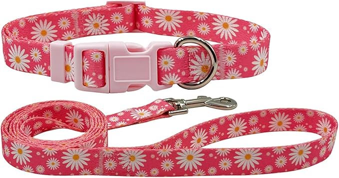 Dog Collar Leash Set, Floral Pattern, Polyester Material, Adjustable Collar and 5ft Matching Leash, for Small Dogs.(S, Daisy)