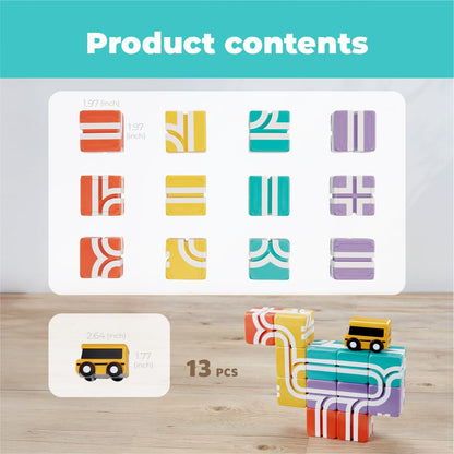 QBI Magnetic Blocks for Toddlers 1-3｜School Bus Toy Set with 12 Pastel Track Cubes｜STEM Montessori Educational Toys for 1 Year Old Boys & Girls｜Safe Large Building Bricks (13 Pieces Starter Pack)