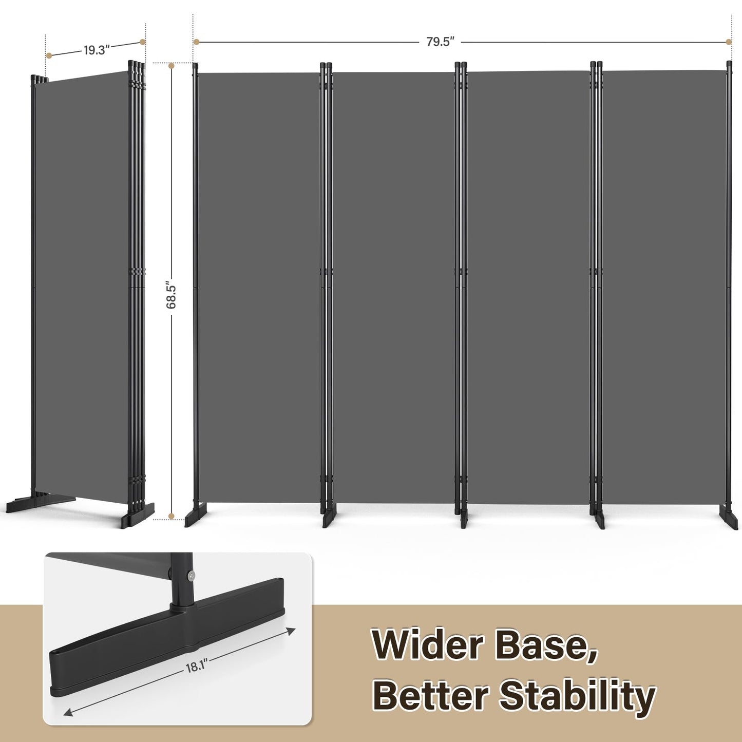 AKTOP Room Divider 4 Panel, 80" W Portable Wall Divider for Room Separation, Freestanding Partition Room Dividers, Folding Room Separators Privacy Screens for Home Office Bedroom, Grey