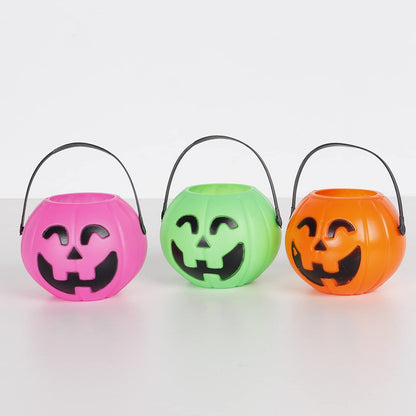 PTYQU Mini Halloween Pumpkin Bucket Orange&Green&Pink Plastic Halloween Witches Cauldron Kettle Multi-Purposed Novelty Candy Holder Decor for Halloween Party (12 Pack)