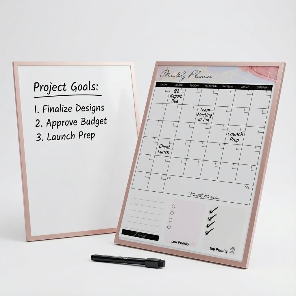 Lulu Office Magnetic Dry Erase Board 12x16 with Handle, Double Sided Portable Rose Gold Whiteboard for Home, Office, School & Kitchen, Includes Weekly & Monthly Magnetic Planner Sheets