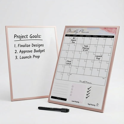 Lulu Office Magnetic Dry Erase Board 12x16 with Foldable Stand, Portable Rose Gold Desktop Whiteboard for Home, Office, School & Kitchen, Includes Weekly & Monthly Magnetic Planner Sheets