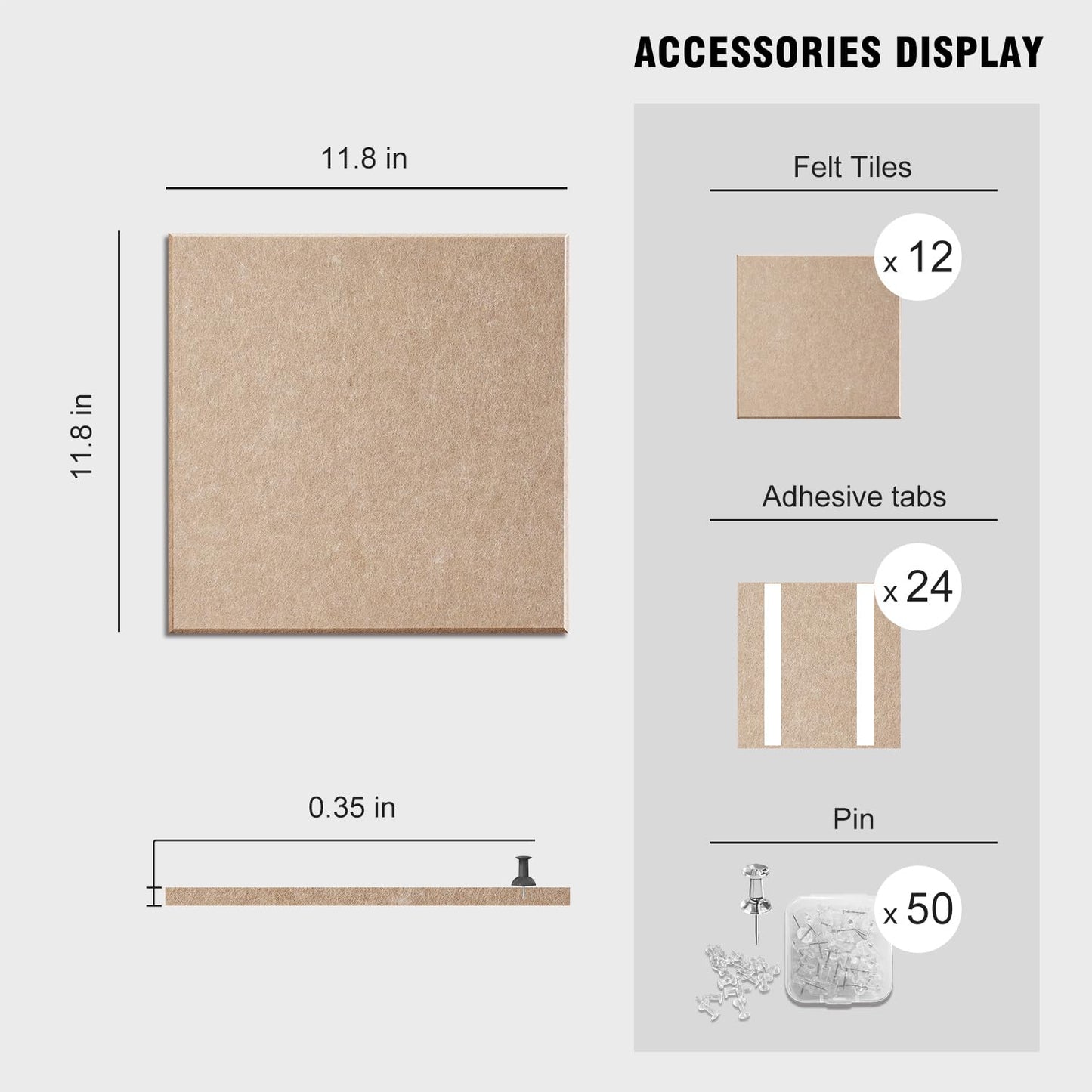 TSJOFFICE Large Cork Board for Wall - 48" x 36" Bulletin Board with 50 Pushpins for Office Decor, Pin Board 12 Pack Felt Wall Tiles with Safe Removable Adhesive Tabs, Corkboard for Home - Dark Camel
