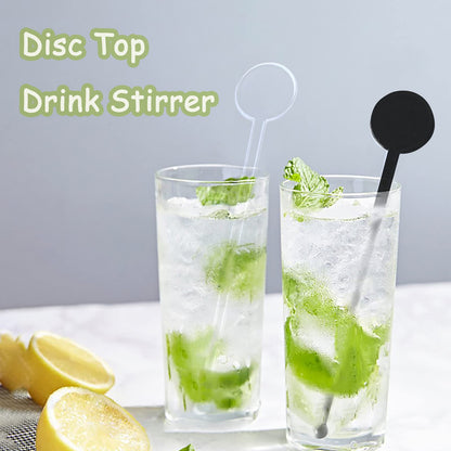200Pcs Cocktail Swizzle Sticks, 7 Inches Disposible Plastic Disc Top Drink Stirrers Black Drinks Mixing Rod for Coffee Milk Cocktail Whiskey Beverage Bar (Black)