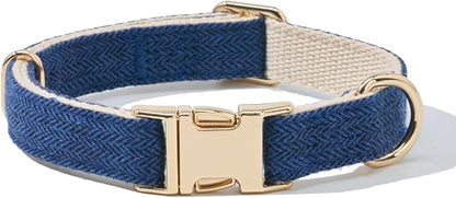 Luxury Soft Cotton Tweed Fabric Dog Collar & Leash Set with Gold Buckle – Durable Fabric, Stylish Design for Everyday Walks(Small Navy)