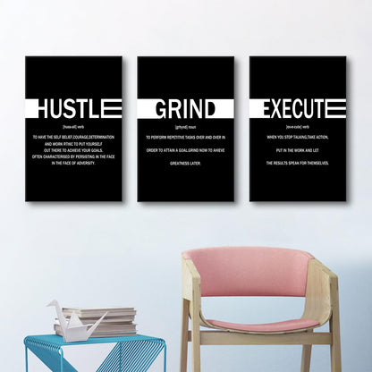 YSPCSUN Triptych Wall Decor Inspirational Posters for Office, Black White Hustle Grind Execute Quote 3 Panel Canvas Prints for Home Office Dorm Gym, 48x24 Inch Display Print