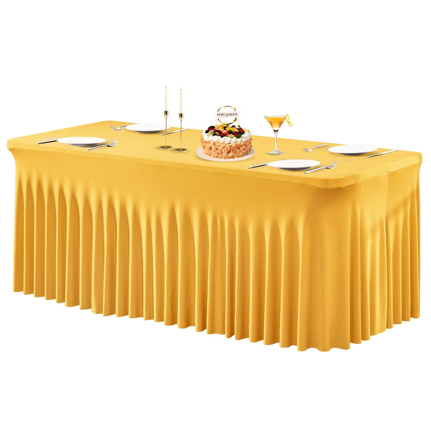 PARTISKY Golden Spandex Tablecloth for 6ft Rectangle Tables, Stretchable Table Cover Skirt for Folding Tables Weddings Parties Banquets Events Trade Shows and Dessert Table