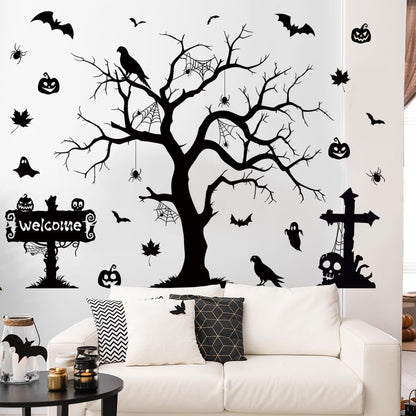 Halloween Spooky Wall Decals Black Tree Branch Wall Sticker Gothic Crow Bats Spider Horror Pumpkin Wall Decor Black Skull Halloween Festival Decoration for Holiday Home Party Classroom Office
