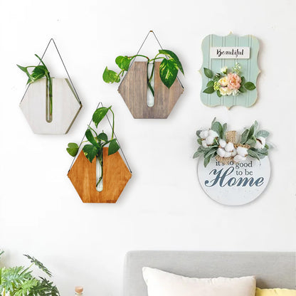 POTRUWE Wooden Wall Hanging Planter Flower Tube Vase, Wall Propagation Planters Glass Plant Terrarium Cylinder Buds Vase Flower Pots Wall Decor for Living Room (Brown)