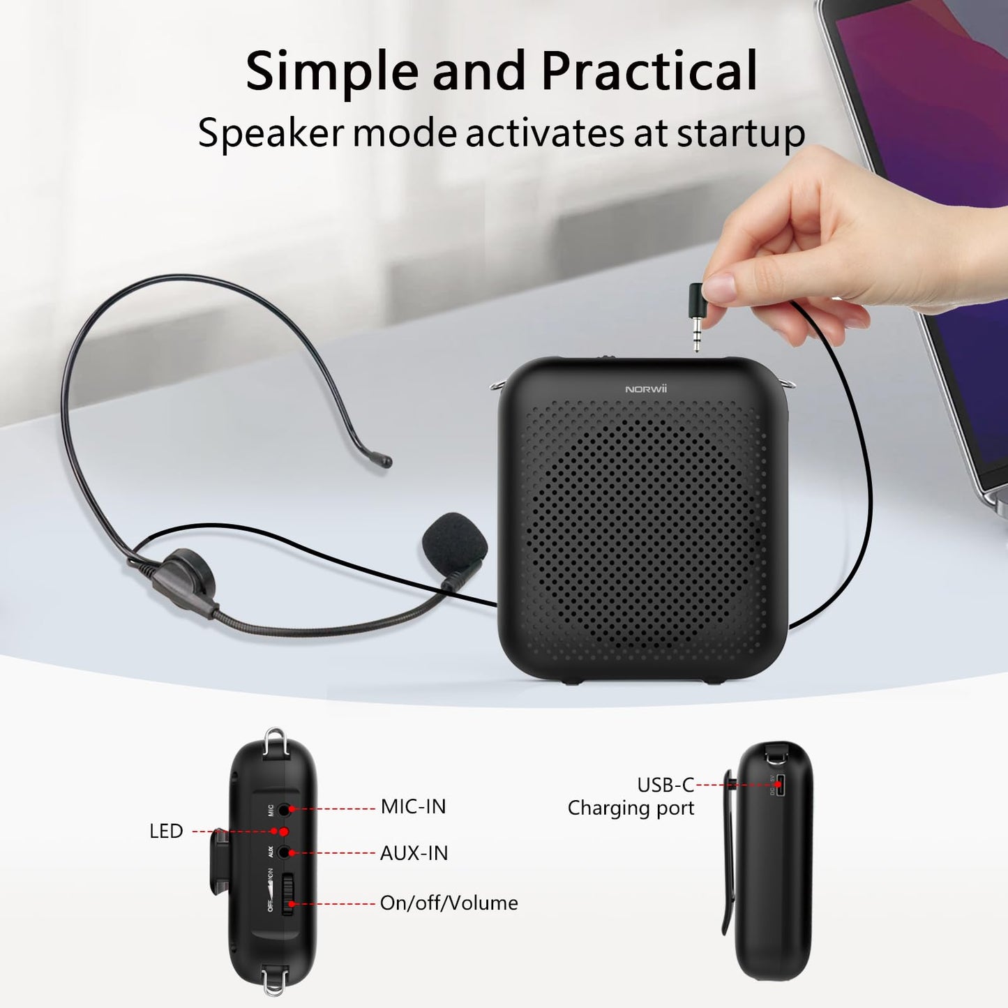 Norwii Bluetooth Voice Amplifier, Power Amplifiers, Portable Mini Wired Microphone Headset for Teacher Classroom & Outdoor Lectures, Teaching, Tour Guides, USB-C Rechargeable - 4000mAh, Black