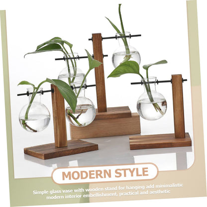 Kisangel Hydroponic Glass Flower Vase with Wooden Stand 2pcs Planter Pot for Indoor Plants Modern Terrarium for Home and Office Decoration