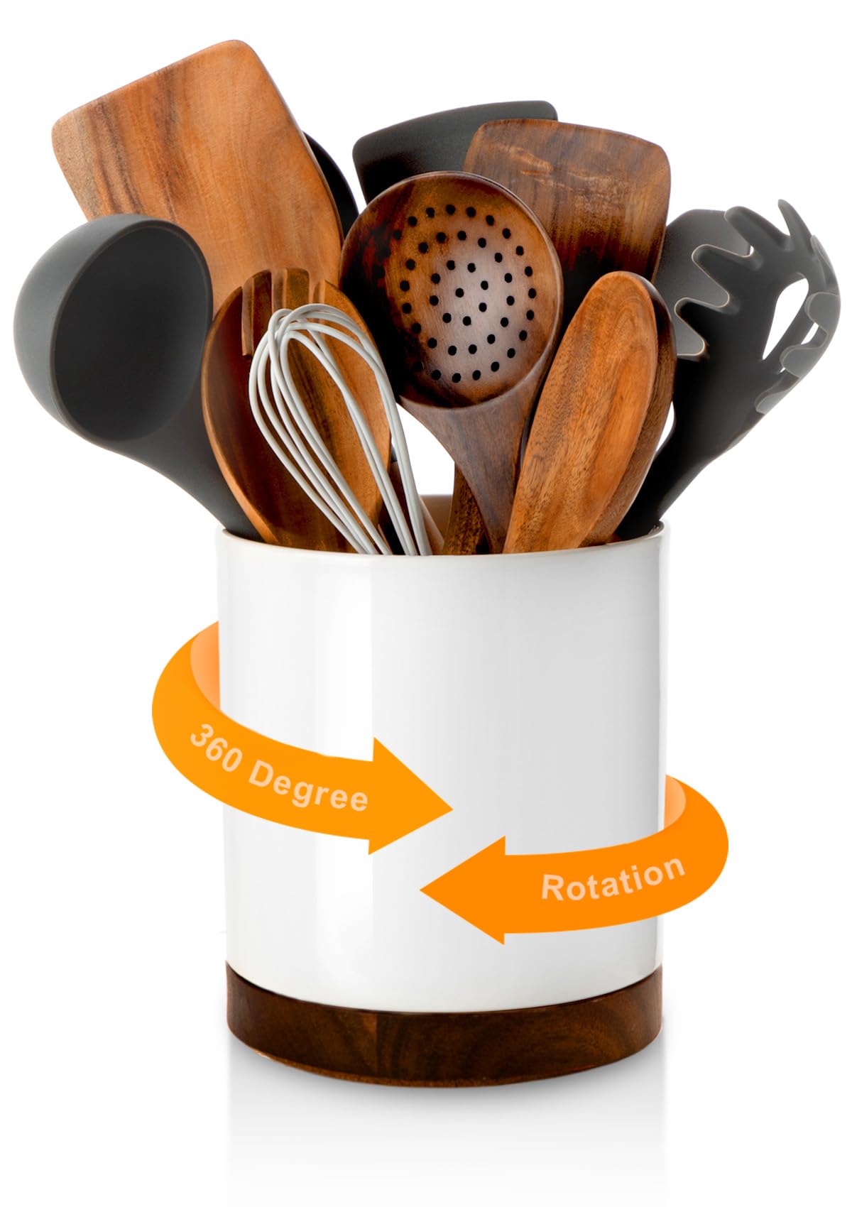Nucookery Ceramic Rotating Utensil Holder for kitchen counter, 7.2" Stable Large Utensil Crock Countertop Organizer for Cooking Utensils, Modern Farmhouse Decor, Christmas Gift, White
