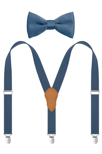 JRHEJTFZ Kids Bow Tie and Suspenders for Boys Set Adjustable Elastic with 3 Metal Clips Dusty Blue 40"