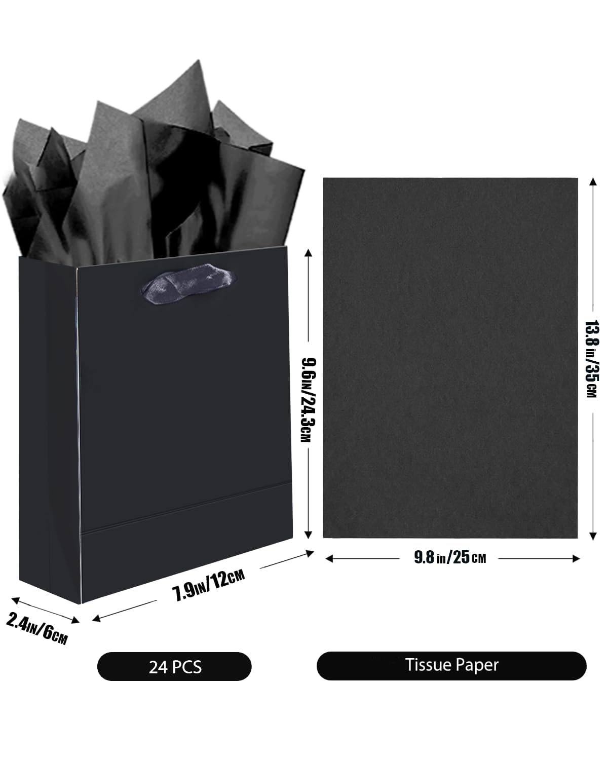 qiqee 24pcs Black Gift Bags with Tissue Paper for Wedding, Birthday, Party Supplies-7.9"x4.3"x9.6" Medium Size Cardboard Gift Bags（24pcs Bags + Tissue Paper ）