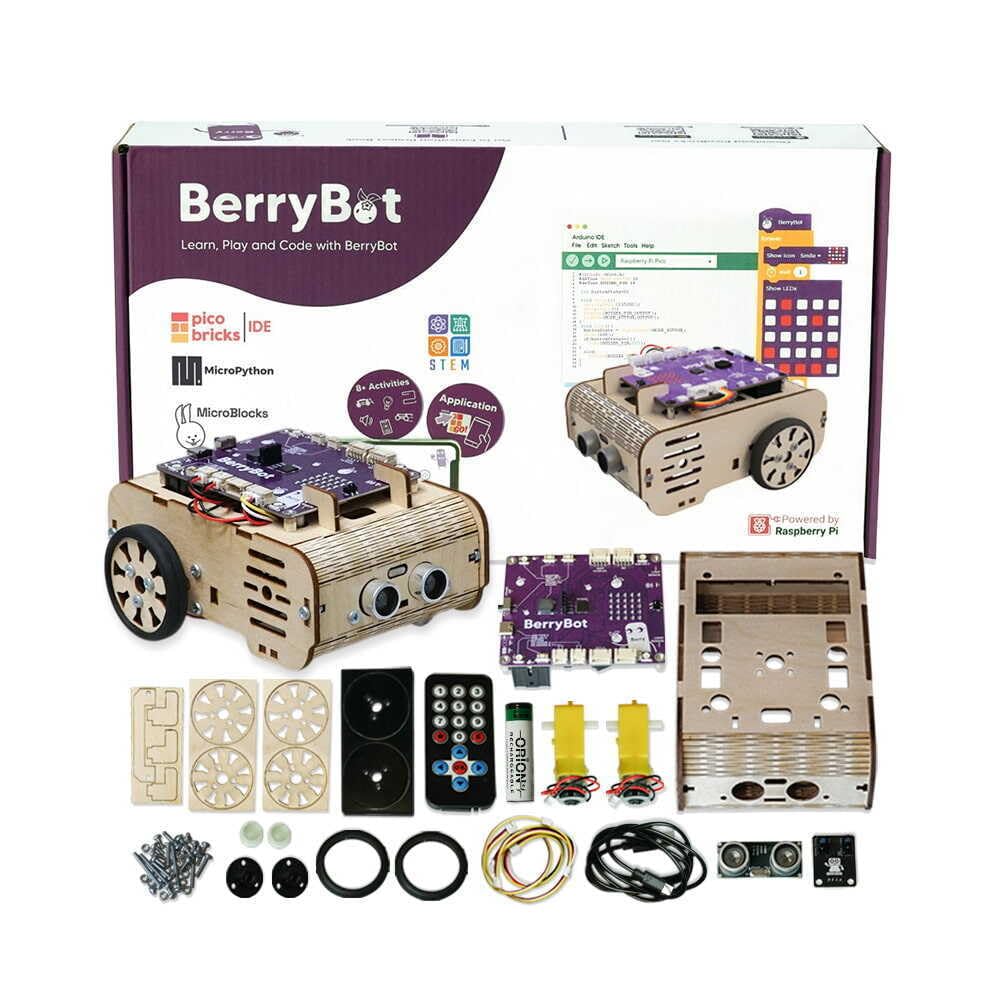 BerryBot – Programmable Robot Kit with Raspberry Pi RP2040 | STEM Learning, Graphical Coding, Easy Assembly, Obstacle Avoidance, Line and Light Tracking, Sumo Battle Modes, Scratch Robot