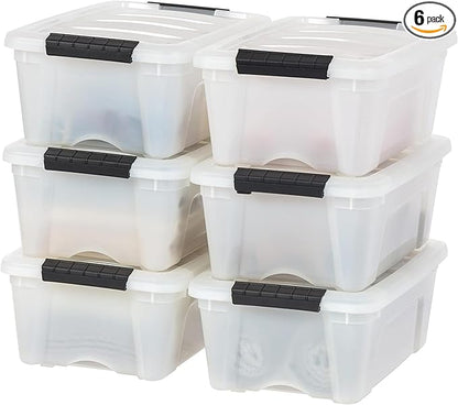 IRIS USA 13 QT Plastic Storage Box with Lid and Latches - 6 Pack - BPA-Free, Discreet Organizing Solution, Durable Nestable Stackable Containers, Secure Pull Handle - Pearl