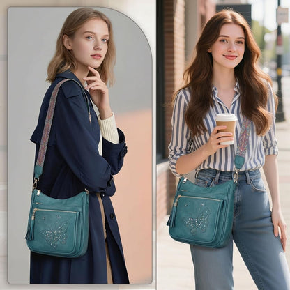KITEVIUN Medium Crossbody Bags for Women Trendy, Vegan Leather Crossbody Purse Butterfly Design, Women's Shoulder Handbags with Tassel