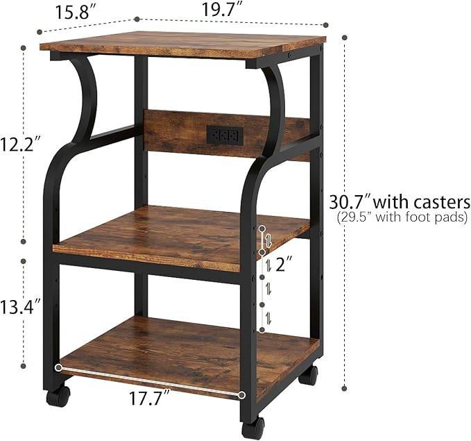 Natwind 3 Tier Printer Stand,Rolling Printer Table with Adjustable Storage Shelf for Home Office Organization,Multifunctional Shelves for Heat Press,3D Printer (Retro)