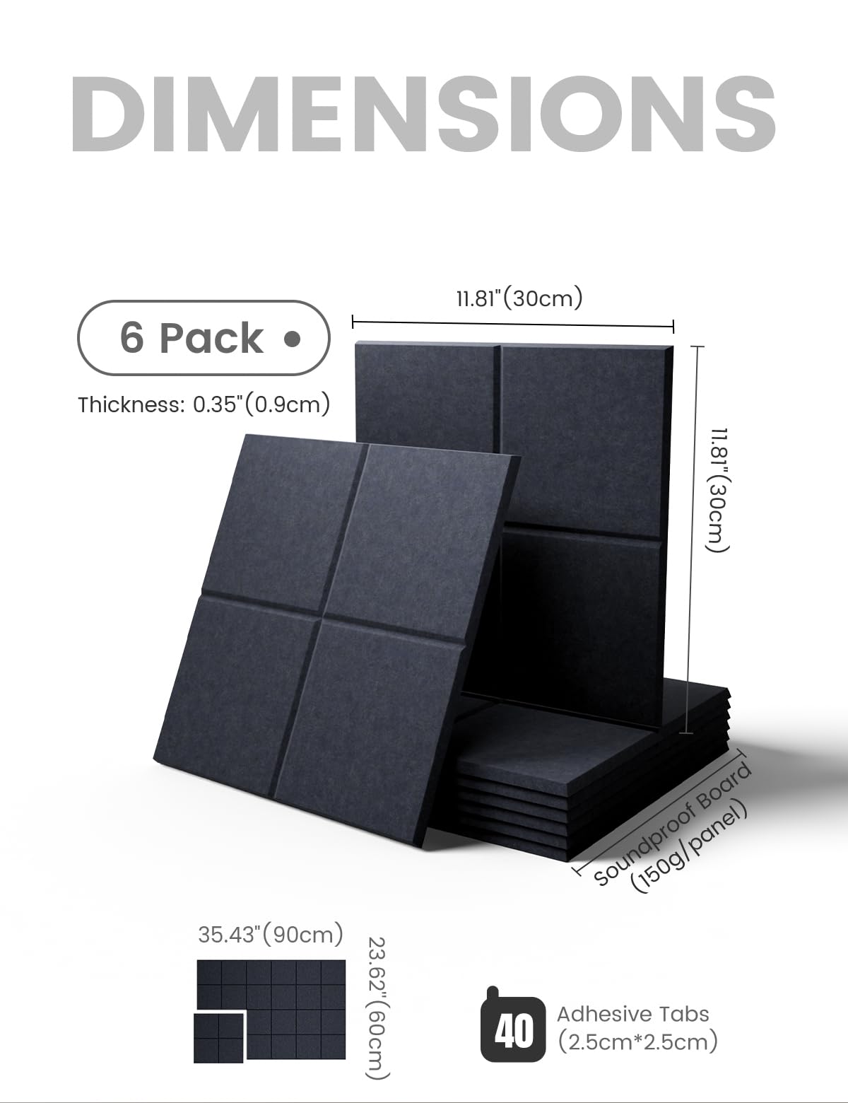 Large Felt Bulletin Board 36"x24", 6-Pack 4-Compartment Wall Organizer, Cork Board Alternative with 60 Removable Adhesive Tabs, Modular Felt Panels for Home Office, Classroom and Study- Navy Blue