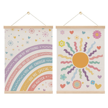 2PCS Nursery Girls Kids Room Poster Hanger, Boho Rainbow Flag Banner Nursery Wall Art Hanging Banner With Wooden Frames for Classroom Girls Playroom Bedroom Toddler Room Decor 15.8x11.8 Inch