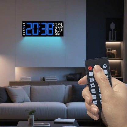 Digital Wall Clock Large Display, 17.3" Digital Clock with RGB Color Remote Control, Auto-Dimming Big Wall Clock with Night Light,Auto DST,Date Week,Temp for Home Decoration, for Elderly (Blue)