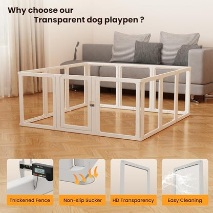 12PCS DIY Dog Playpen Transparent Acrylic Dog Playpen Indoor, Easy Assemble & Disassemble Clear Acrylic Playpen for Dogs, Acrylic Dog Pen with Gate, 23.6" Height
