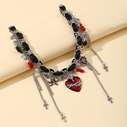 Thalireth Goth Vampire Heart Necklace Spooky Gothic Skeleton Cross Y2k Star Tassel Leather Choker Chunky Statement Necklace for Women Halloween