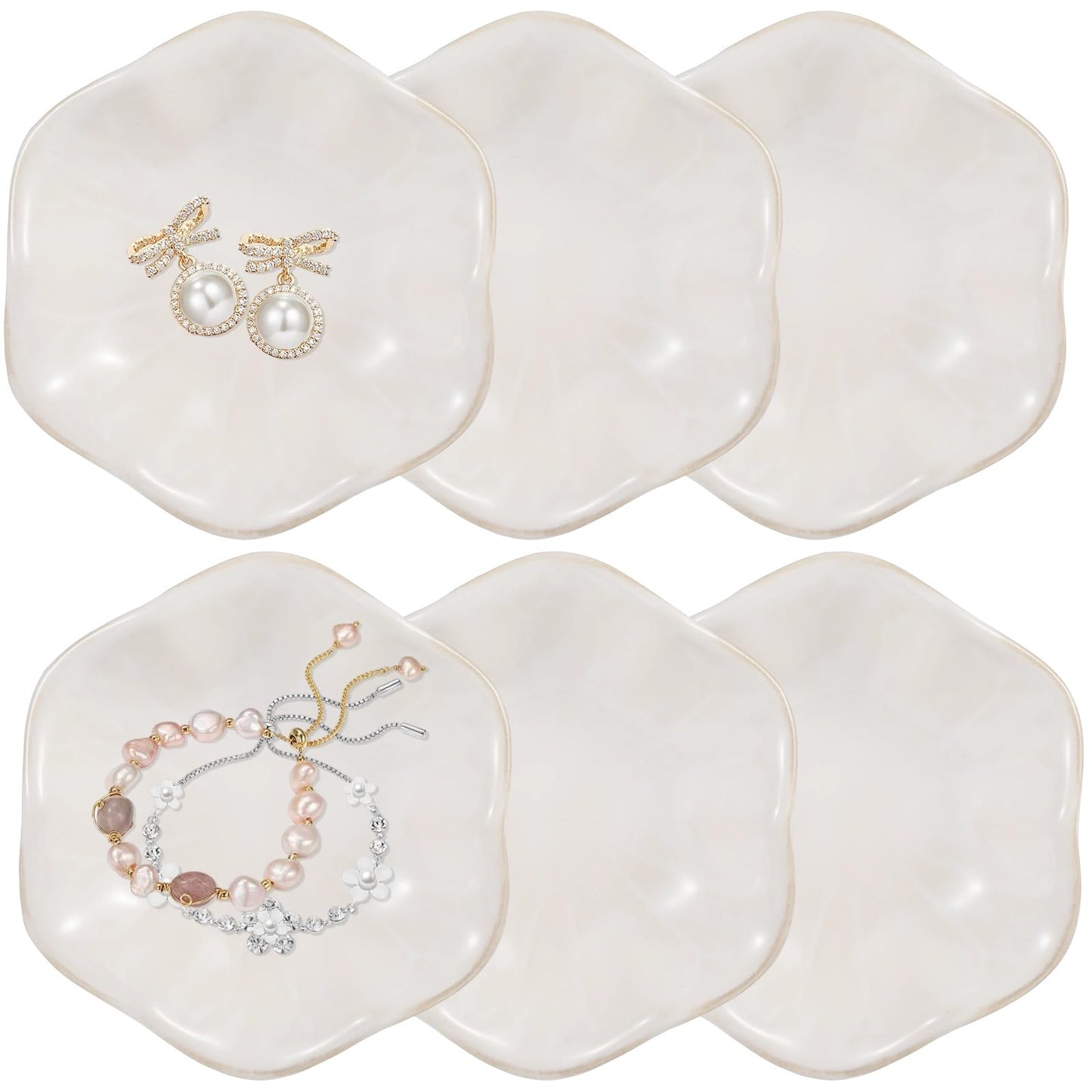 Toyosport 6 Pcs Ceramic Jewelry Dishes, Lotus Leaf Ring Dishes, Small Trinket Trays, White Pottery Plates, Gold-Trimmed Jewelry Holders, Cute Key Bowls for Nightstand Decor