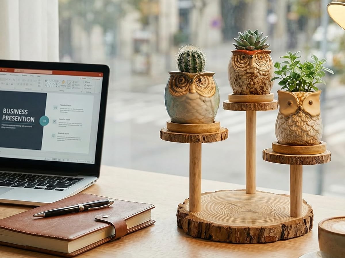 2.5"mini ceramic Cute Owl Animal Succulent Flower Pot Outdoor Bamboo Wooden Small Planter Stand Gift Set for Home,Office,Living Room,Bedroom Decoration,Windowsill,Indoor Desk,Kitchen Decor (3 Tier)