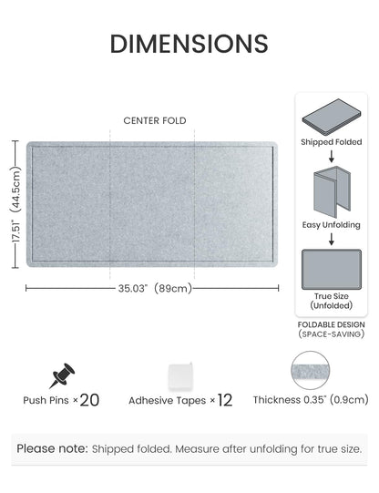 Fluxynara Bulletin Board, 35" x 17.5" Cork Board Alternative with 12 Safe Removable Adhesive Tabs, Foldable Felt Pin Board for Home Office, Classroom, Bedroom,Entryway for Walls—Blue Gray